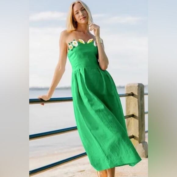 Fanm Mon Full Bloom Rose Embroidered Linen Midi Dress Kelly Green Size L - Picture 1 of 8